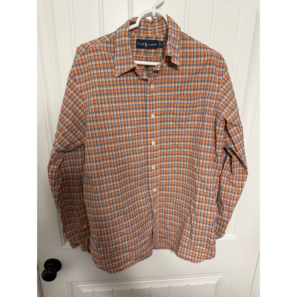 Ralph Lauren Button Down Mens Large Orange Blue Plaid Long Sleeve EUC